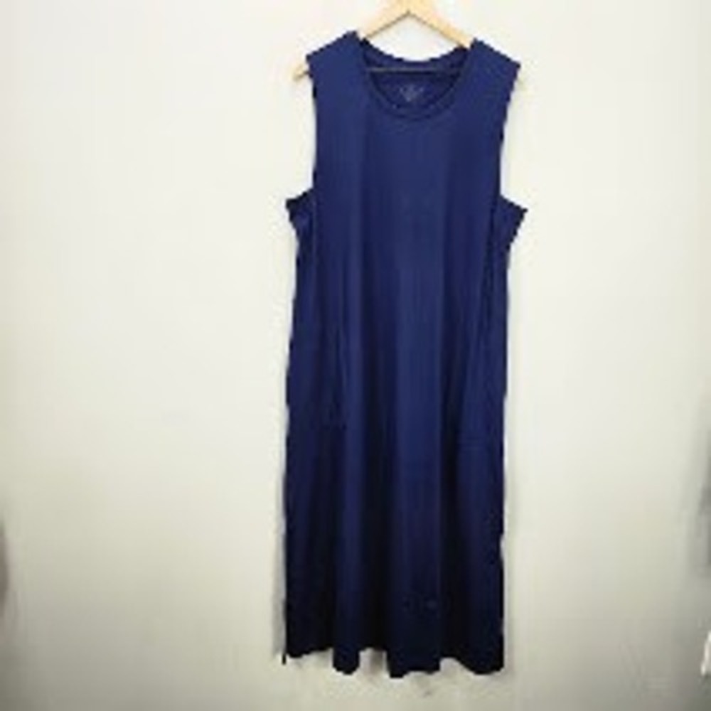 Cuddl Duds Flexwear Maxi Dress XL Blue A-Line Jersey Sleeveless Pockets Lounge